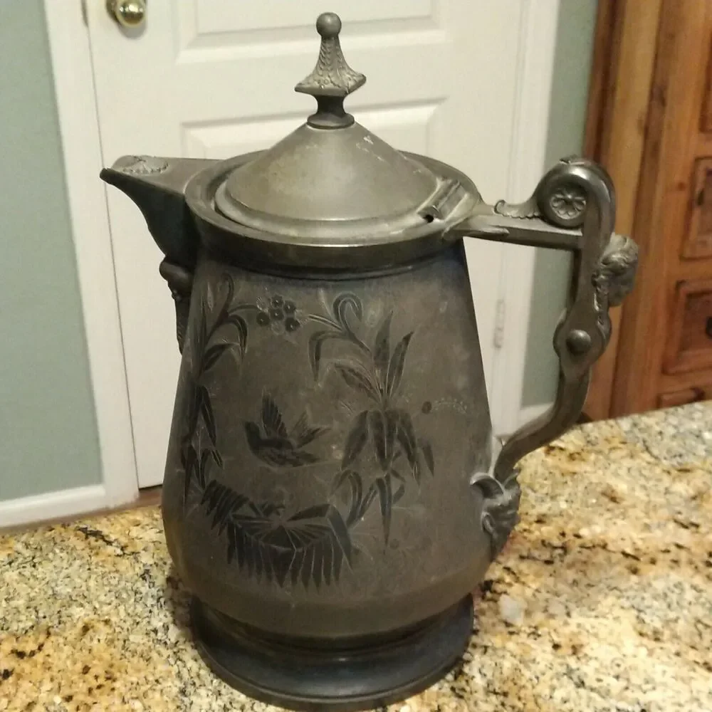Meridian B Co Silver Plate Devil Pitcher Ceramic Liner 1868 Victorian 13.5